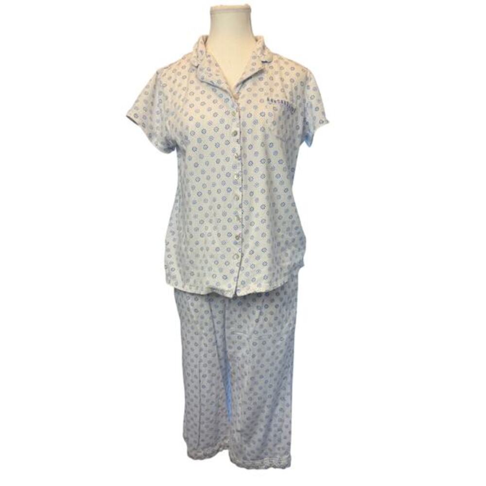 Eileen West Sz S Pajama Set Blue White Floral Cottage Core Short Sleeve Cotton